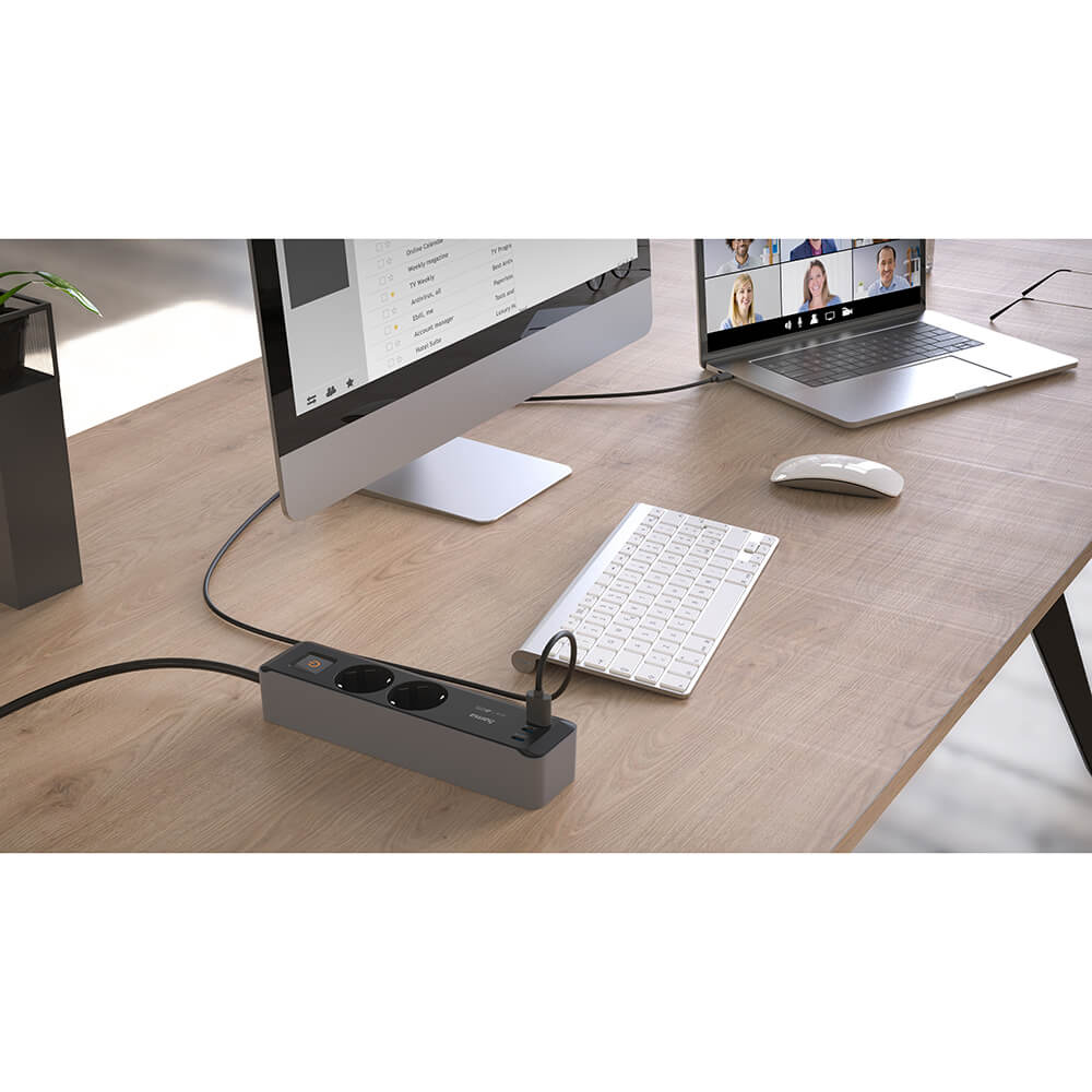 Power Strip 2-Way USB-C/A 65W PD 1.4m Black/Grey